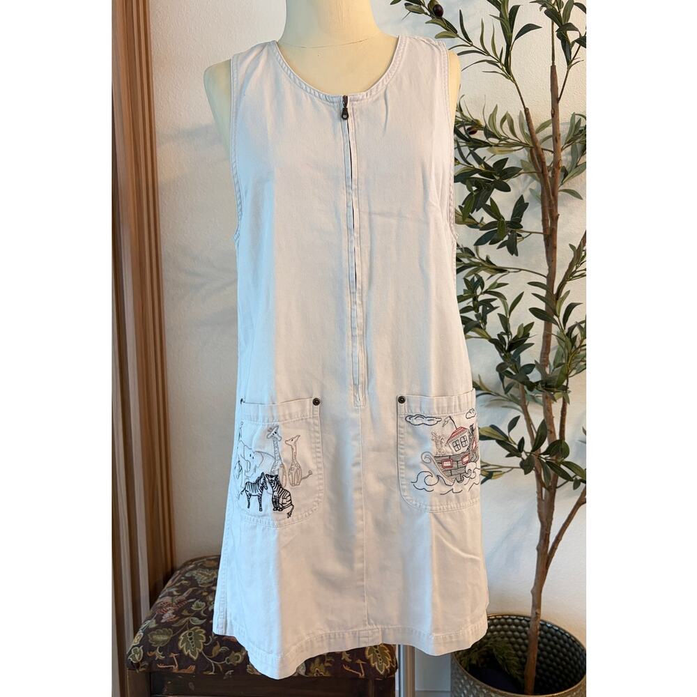 Vintage Christopher & Banks Safari Embroidered Zip Front Jumper Dress Small